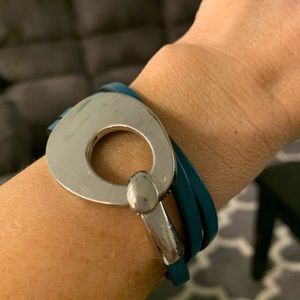 Dark blue/green leather cuff wrap bracelet with silver detail